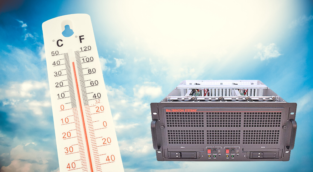MIL-STD-810 5U Rugged Server beneath scorching sun and next to thermometer